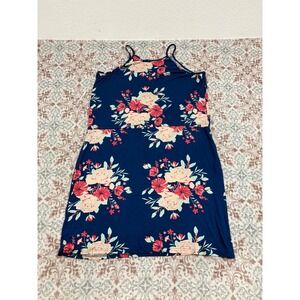 Floral High Neck Sleeveless Navy Blue Summer Dress with Drawstring Waist